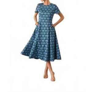 NEW PROSPERINA margot reversible midi dress in fan fete blue
